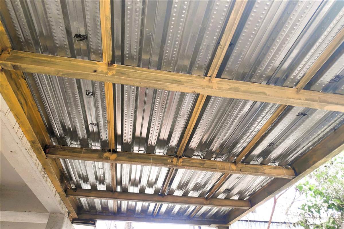 Terrace deck with wooden flooring and metal frame